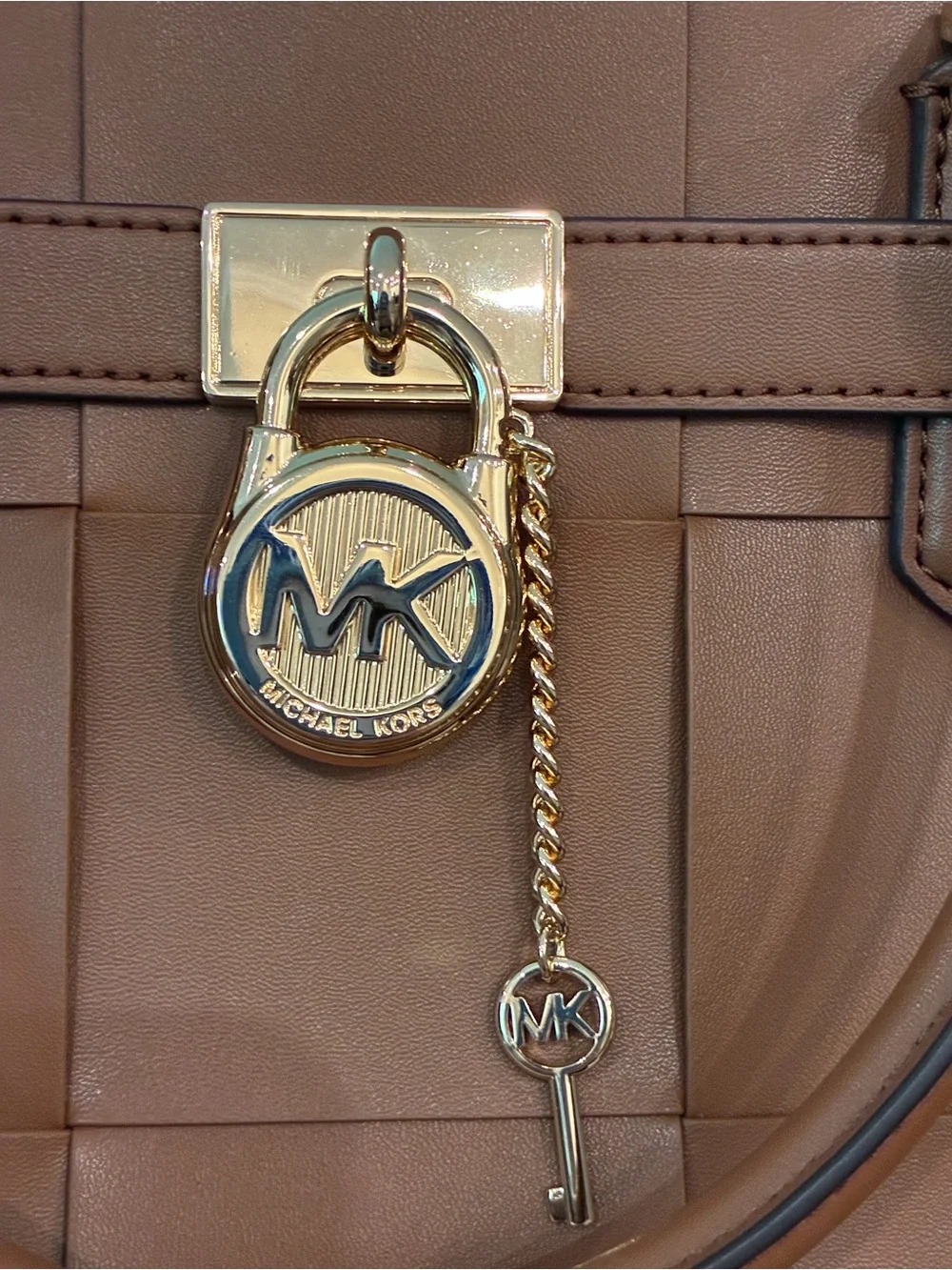 Michael Kors Tan Woven Leather Satchel with Gold Hardware